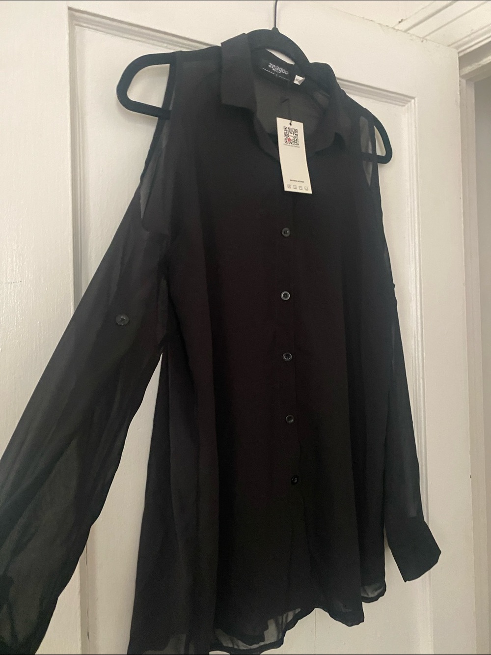 zeagoo Black Sheer Cold-Shoulder Button-Down Blouse